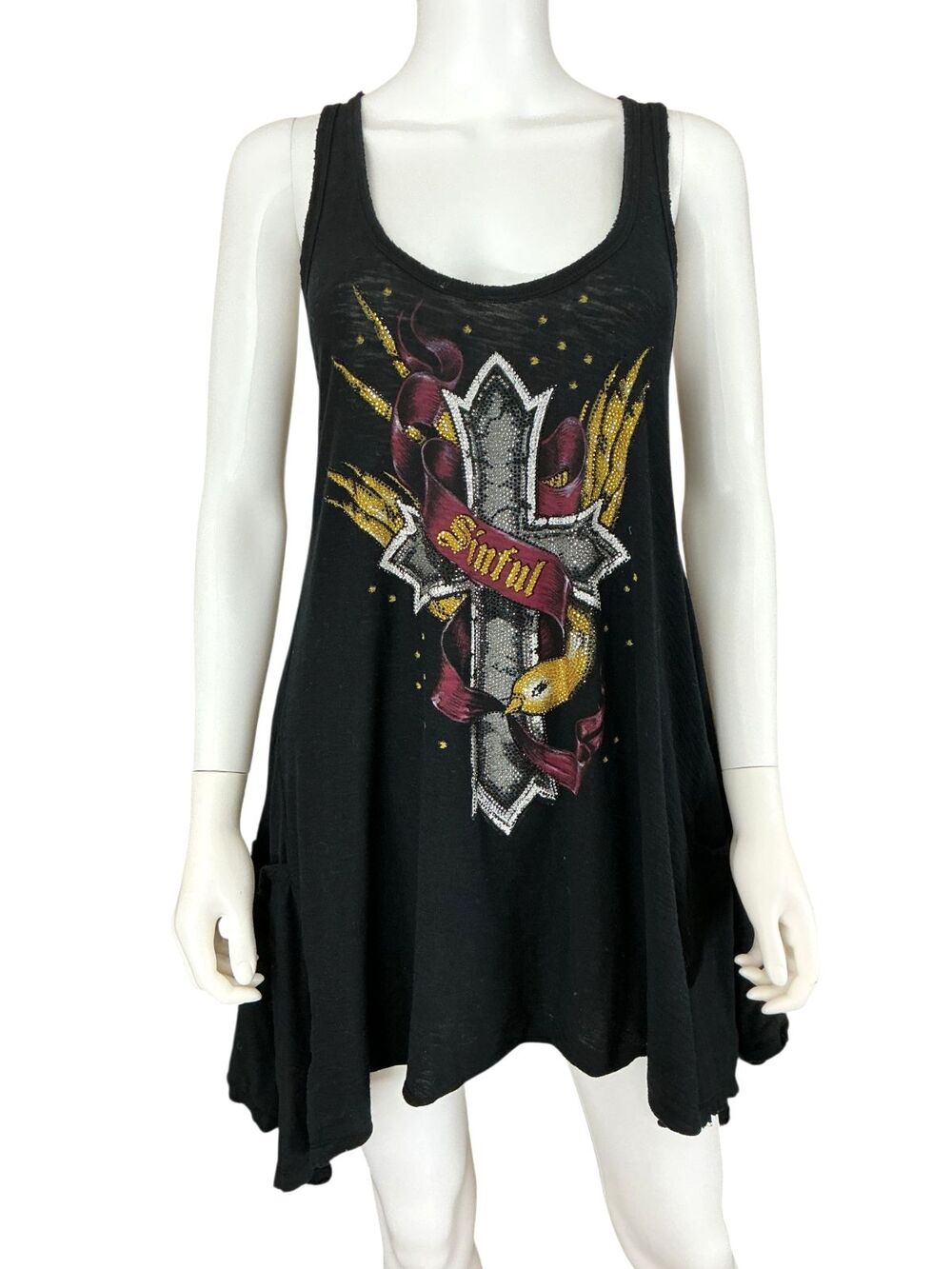 Sinful Affliction Dress S Black Rhinestone Gothic Cross Firebird Wing Tank Tunic